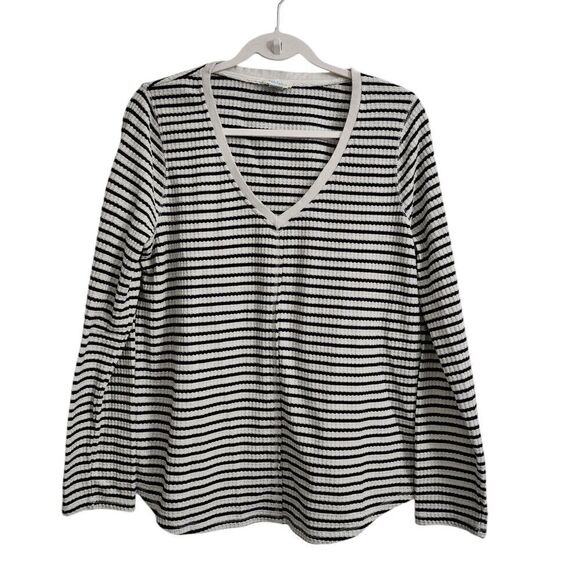Sundance Top Womens‎ Large Striped Black White V-Neck Pullover Longsleeve Blouse - Picture 1 of 7